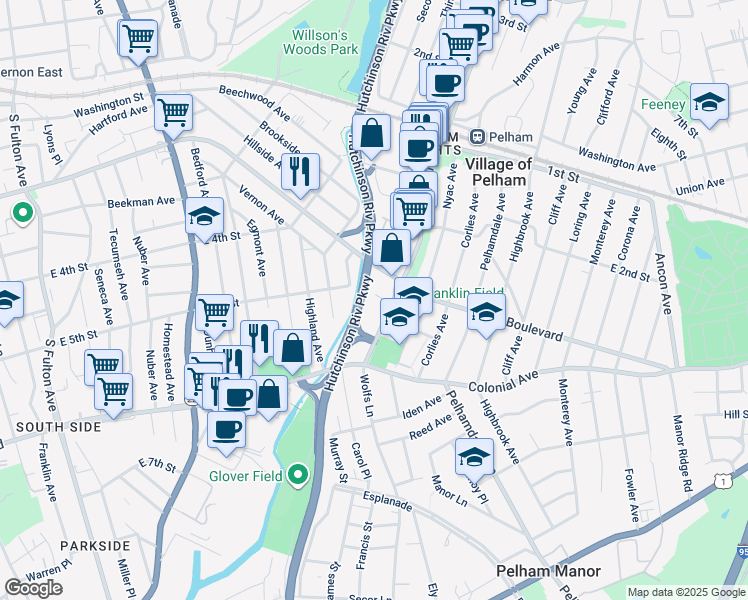 map of restaurants, bars, coffee shops, grocery stores, and more near 6 Marquand Place in Village of Pelham