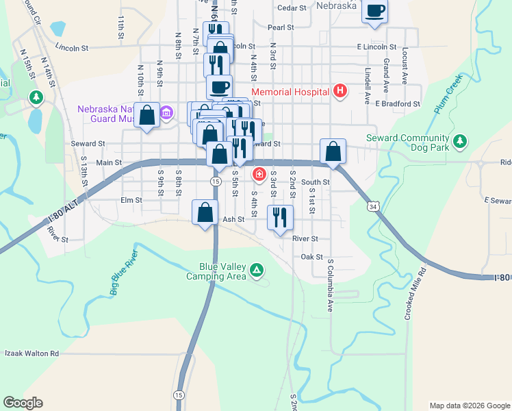 map of restaurants, bars, coffee shops, grocery stores, and more near 412 South 4th Street in Seward