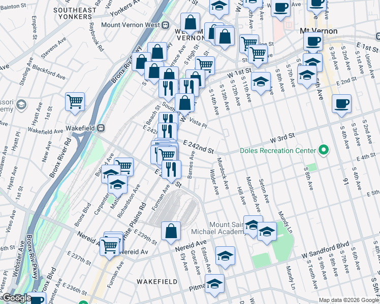 map of restaurants, bars, coffee shops, grocery stores, and more near 4781 Barnes Avenue in Bronx