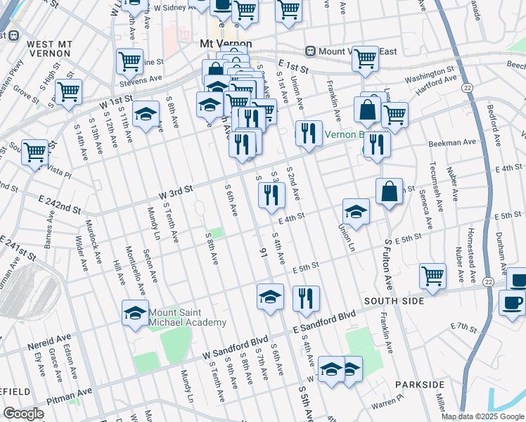 map of restaurants, bars, coffee shops, grocery stores, and more near 256 South 4th Avenue in Mount Vernon