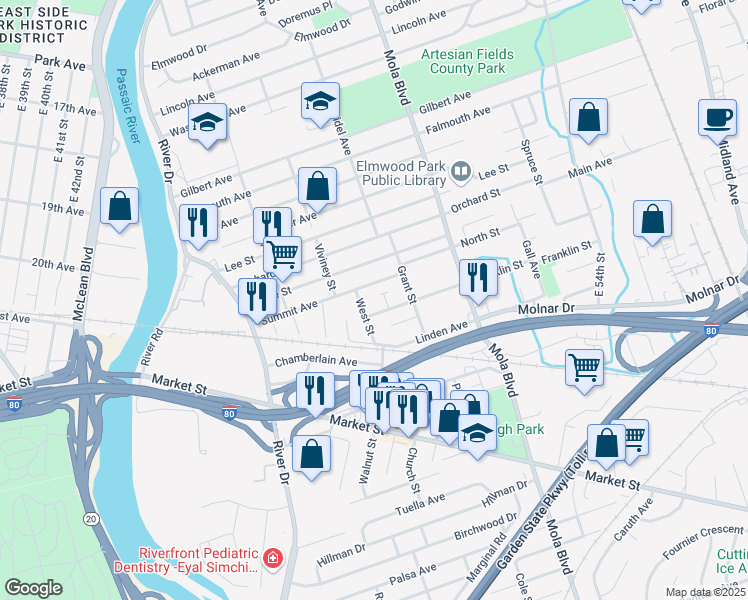 map of restaurants, bars, coffee shops, grocery stores, and more near 16 Court Street in Elmwood Park