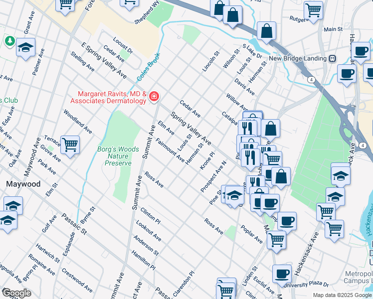 map of restaurants, bars, coffee shops, grocery stores, and more near 161 Elm Ave in Hackensack