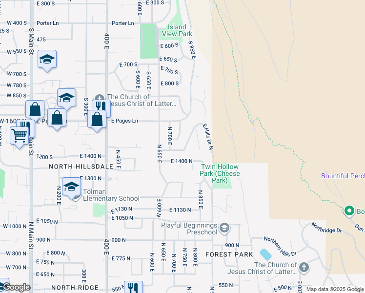 map of restaurants, bars, coffee shops, grocery stores, and more near 747 East Hills Drive North in Bountiful