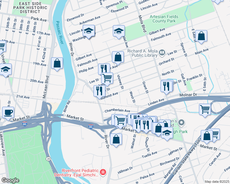 map of restaurants, bars, coffee shops, grocery stores, and more near 57 Summit Avenue in Elmwood Park