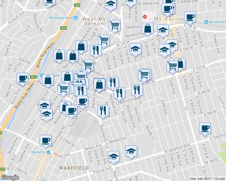 map of restaurants, bars, coffee shops, grocery stores, and more near 885 East 242nd Street in Bronx
