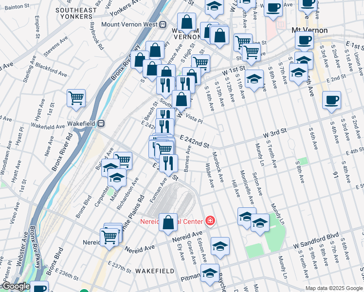 map of restaurants, bars, coffee shops, grocery stores, and more near 4781 Barnes Avenue in Bronx