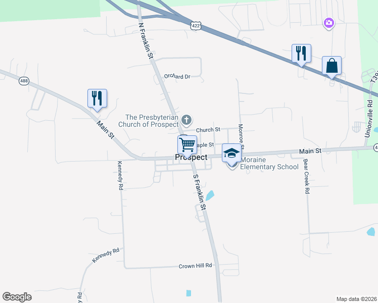 map of restaurants, bars, coffee shops, grocery stores, and more near in Prospect