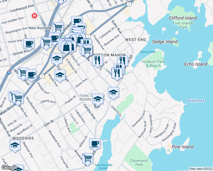 map of restaurants, bars, coffee shops, grocery stores, and more near 30 North Avenue in New Rochelle