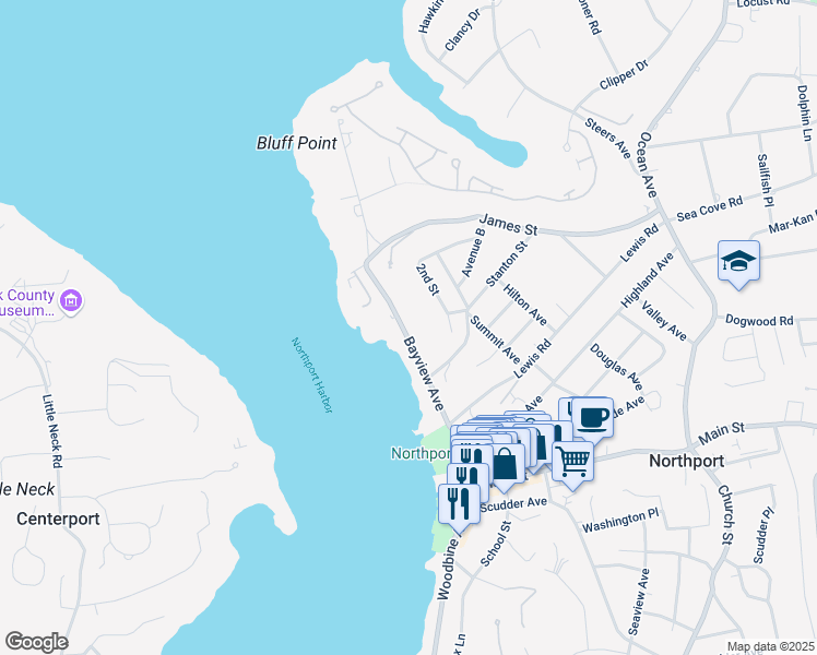 map of restaurants, bars, coffee shops, grocery stores, and more near 155 Bayview Avenue in Northport