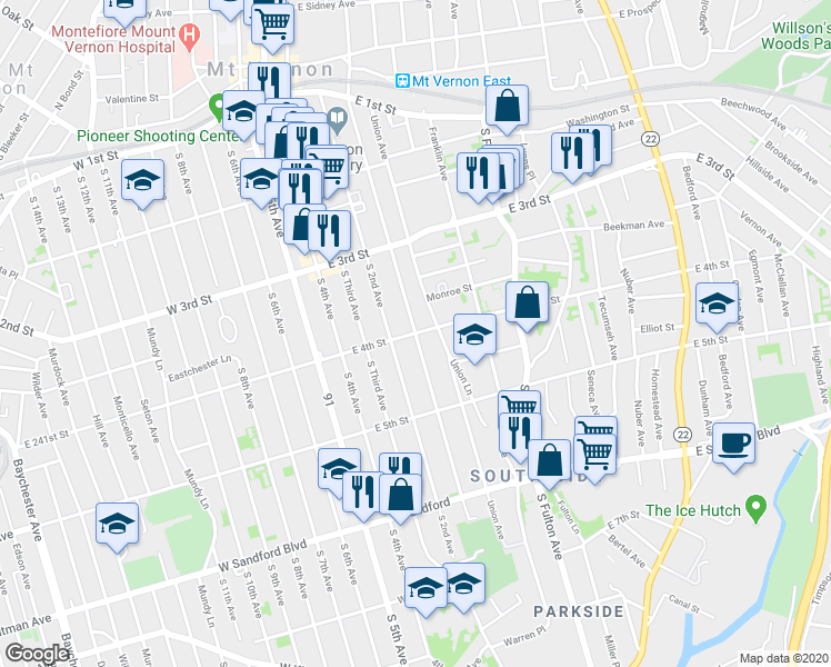 map of restaurants, bars, coffee shops, grocery stores, and more near E 4th St & S 1st Ave in Mt Vernon