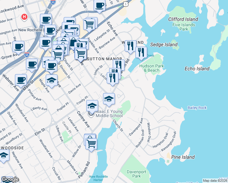 map of restaurants, bars, coffee shops, grocery stores, and more near 123 65 in New Rochelle