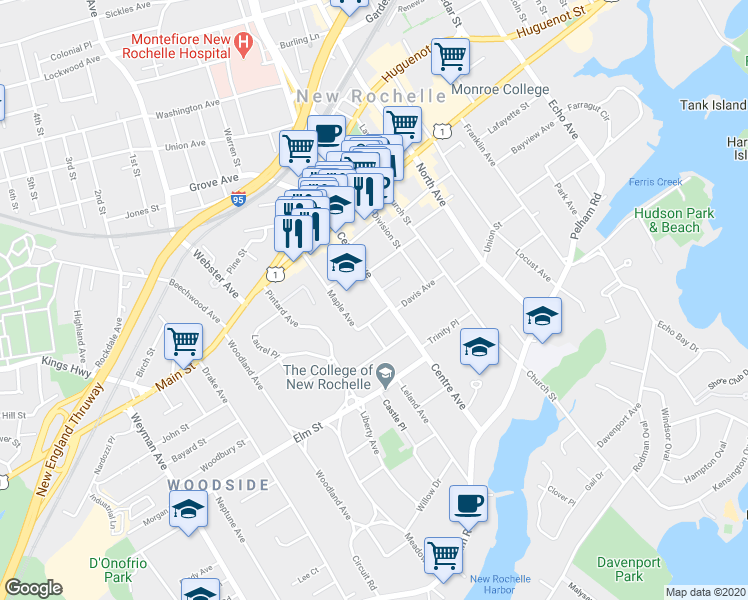 map of restaurants, bars, coffee shops, grocery stores, and more near 167 Centre Avenue in New Rochelle