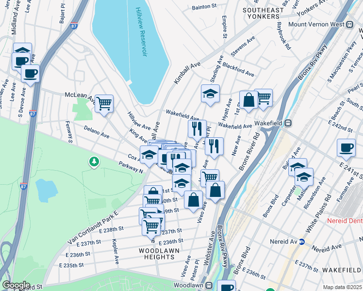 map of restaurants, bars, coffee shops, grocery stores, and more near 64 Sterling Avenue in Yonkers