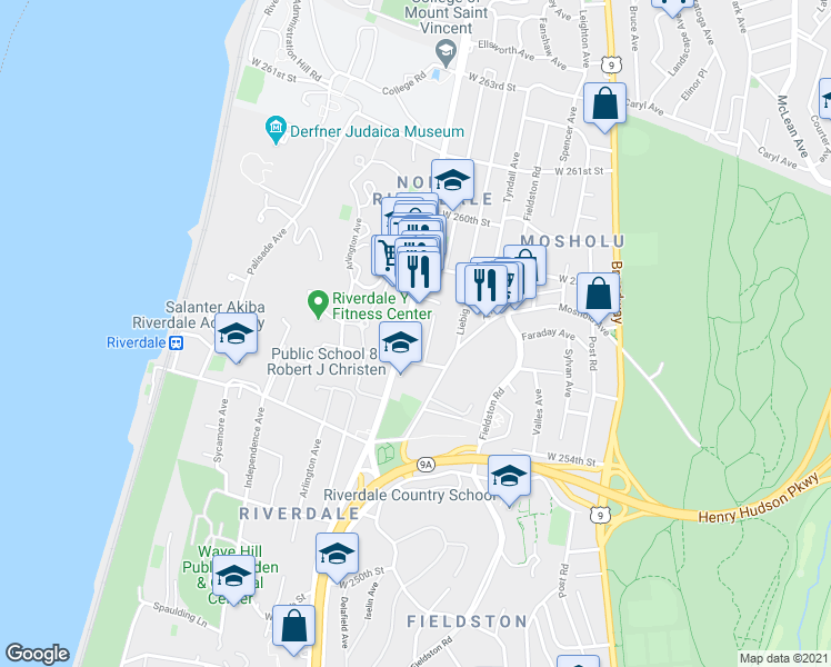 map of restaurants, bars, coffee shops, grocery stores, and more near 5601 Riverdale Avenue in Bronx