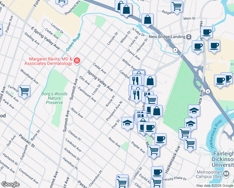 map of restaurants, bars, coffee shops, grocery stores, and more near 64 Spring Valley Avenue in Hackensack