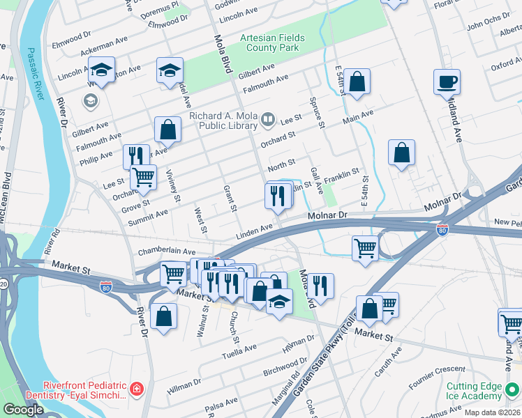 map of restaurants, bars, coffee shops, grocery stores, and more near 68 Franklin Street in Elmwood Park