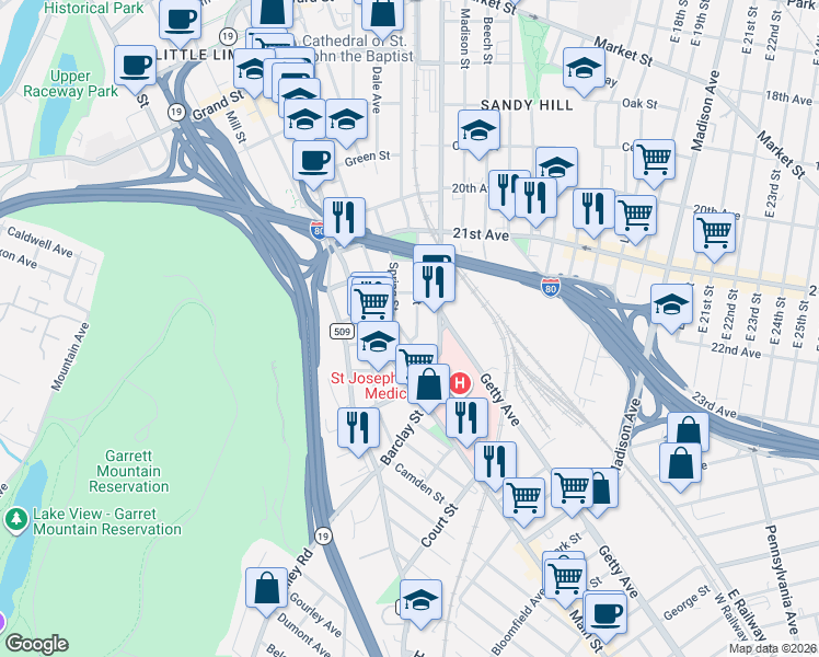 map of restaurants, bars, coffee shops, grocery stores, and more near 239 Spring Street in Paterson