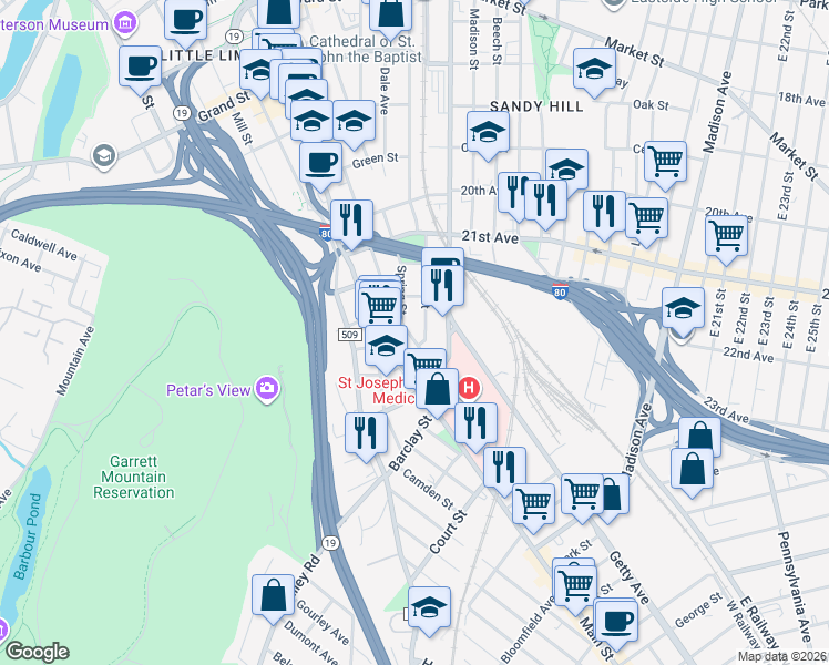 map of restaurants, bars, coffee shops, grocery stores, and more near 239 Spring Street in Paterson