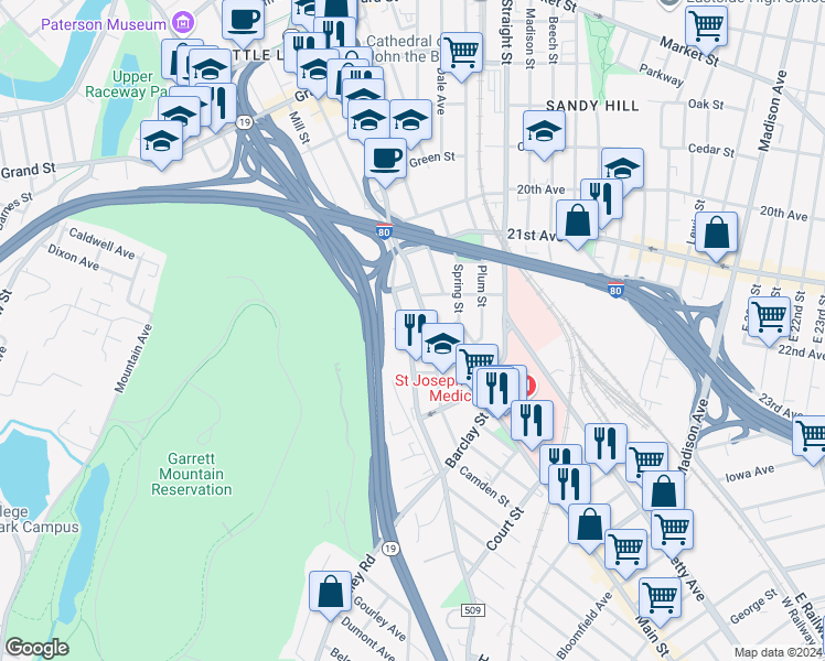 map of restaurants, bars, coffee shops, grocery stores, and more near 240 Marshall Street in Paterson