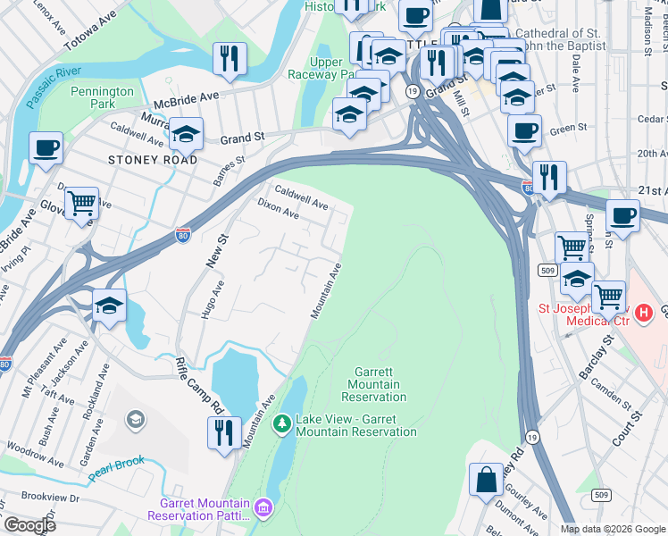 map of restaurants, bars, coffee shops, grocery stores, and more near 8 Quartz Lane in Paterson
