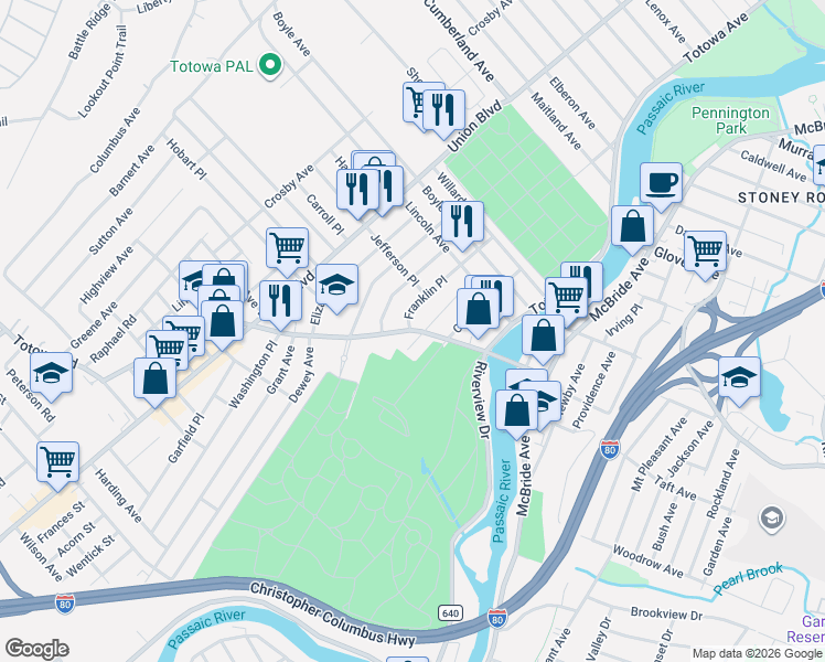 map of restaurants, bars, coffee shops, grocery stores, and more near 222 Totowa Road in Totowa
