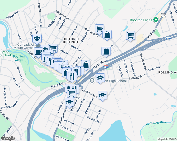 map of restaurants, bars, coffee shops, grocery stores, and more near 250 Myrtle Avenue in Boonton