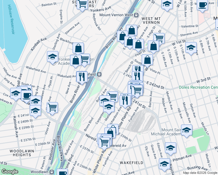 map of restaurants, bars, coffee shops, grocery stores, and more near 4649 Bronx Boulevard in Bronx