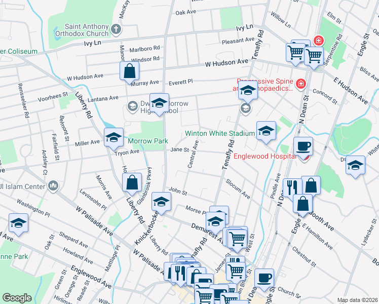 map of restaurants, bars, coffee shops, grocery stores, and more near 186 Jane Street in Englewood