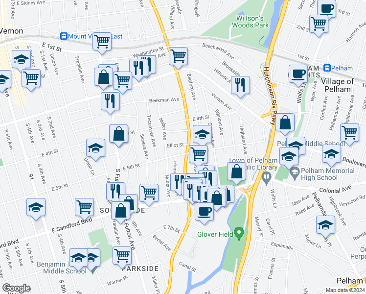 map of restaurants, bars, coffee shops, grocery stores, and more near 32 Elliot Street in Mount Vernon