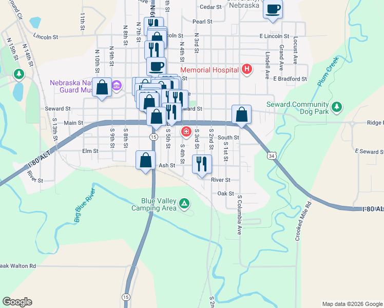 map of restaurants, bars, coffee shops, grocery stores, and more near 412 South 4th Street in Seward