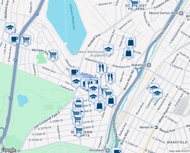 map of restaurants, bars, coffee shops, grocery stores, and more near 64 Sterling Avenue in Yonkers