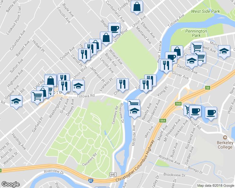 map of restaurants, bars, coffee shops, grocery stores, and more near 56 Charles Street in Totowa