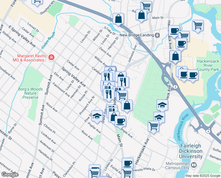 map of restaurants, bars, coffee shops, grocery stores, and more near 17 Voorhis Lane in Hackensack