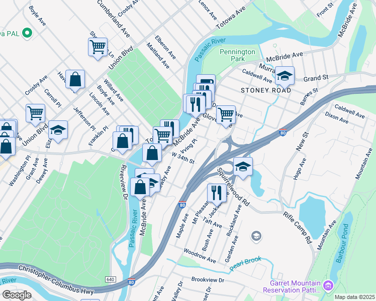 map of restaurants, bars, coffee shops, grocery stores, and more near 33 Irving Place in Woodland Park