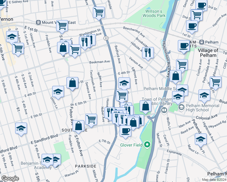map of restaurants, bars, coffee shops, grocery stores, and more near 40 Elliot Street in Mount Vernon