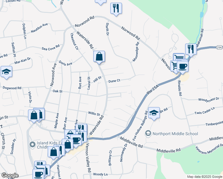 map of restaurants, bars, coffee shops, grocery stores, and more near 6 Forester Court in Northport