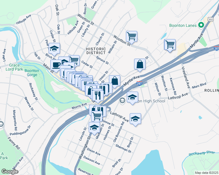 map of restaurants, bars, coffee shops, grocery stores, and more near 219 Division Street in Boonton