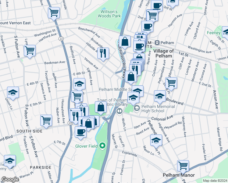 map of restaurants, bars, coffee shops, grocery stores, and more near 405 Warwick Avenue in Mount Vernon