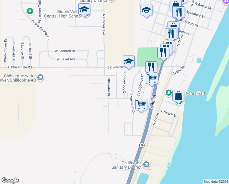 map of restaurants, bars, coffee shops, grocery stores, and more near 311 Sandy Shores Drive in Chillicothe
