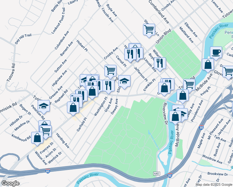 map of restaurants, bars, coffee shops, grocery stores, and more near 320 Totowa Road in Totowa