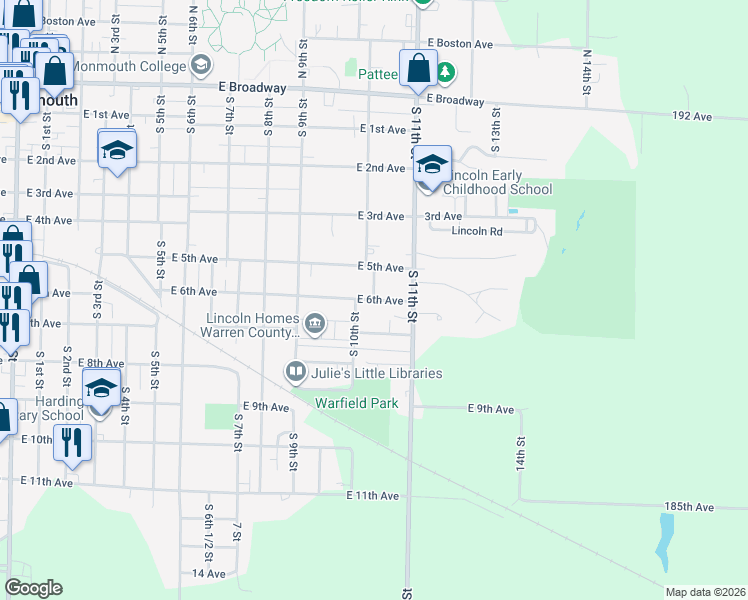map of restaurants, bars, coffee shops, grocery stores, and more near 1100 East 6th Avenue in Monmouth