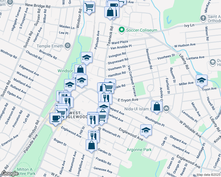 map of restaurants, bars, coffee shops, grocery stores, and more near 19 Intervale Road in Teaneck
