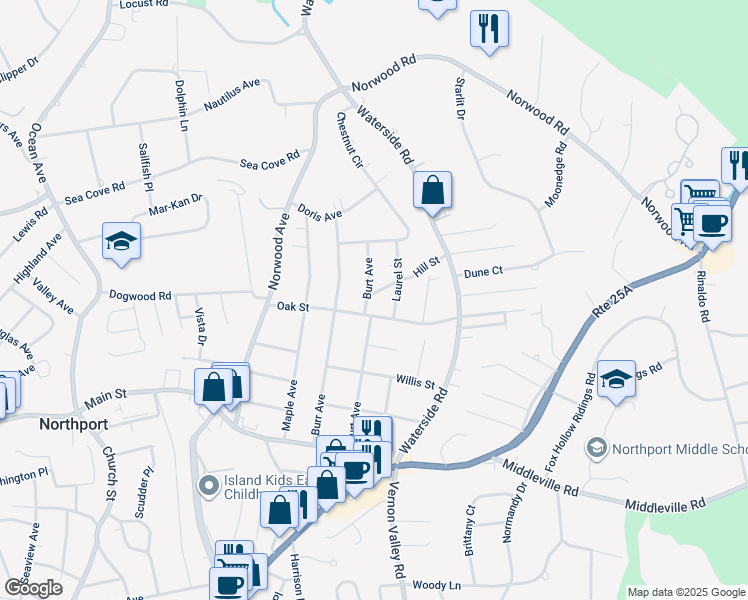 map of restaurants, bars, coffee shops, grocery stores, and more near 90 Burt Ave in Northport