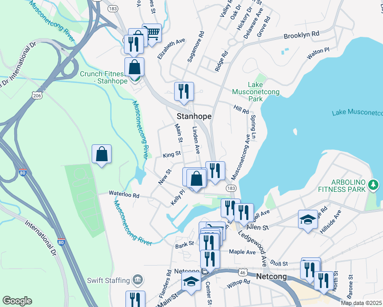 map of restaurants, bars, coffee shops, grocery stores, and more near 105 Main Street in Stanhope