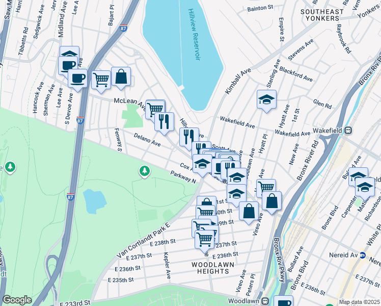 map of restaurants, bars, coffee shops, grocery stores, and more near 890 McLean Avenue in Yonkers