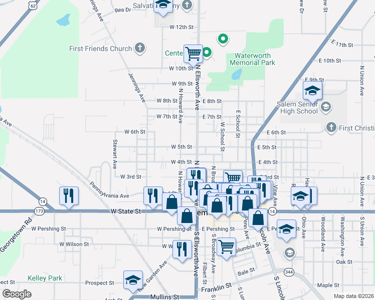 map of restaurants, bars, coffee shops, grocery stores, and more near 157 West 5th Street in Salem
