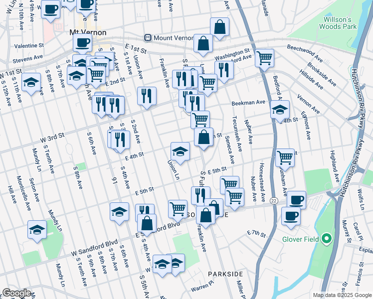map of restaurants, bars, coffee shops, grocery stores, and more near 311 Franklin Avenue in Mount Vernon