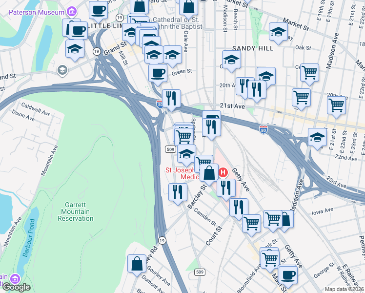 map of restaurants, bars, coffee shops, grocery stores, and more near 611 County Road 509 in Paterson
