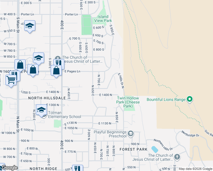 map of restaurants, bars, coffee shops, grocery stores, and more near 747 East Hills Drive North in Bountiful