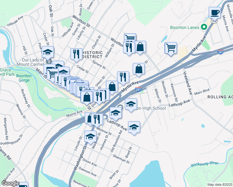 map of restaurants, bars, coffee shops, grocery stores, and more near 250 Myrtle Avenue in Boonton